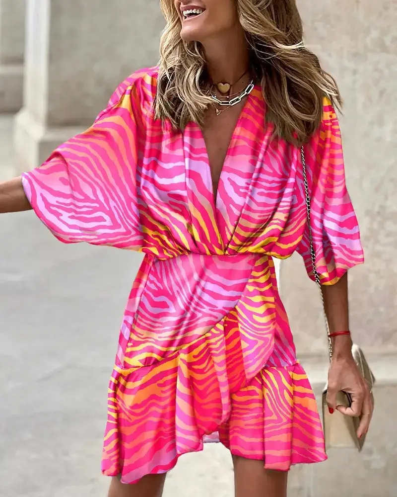 2022 V-Neck Bat Sleeve Dress Women's Cotton Multi Color - Image 2