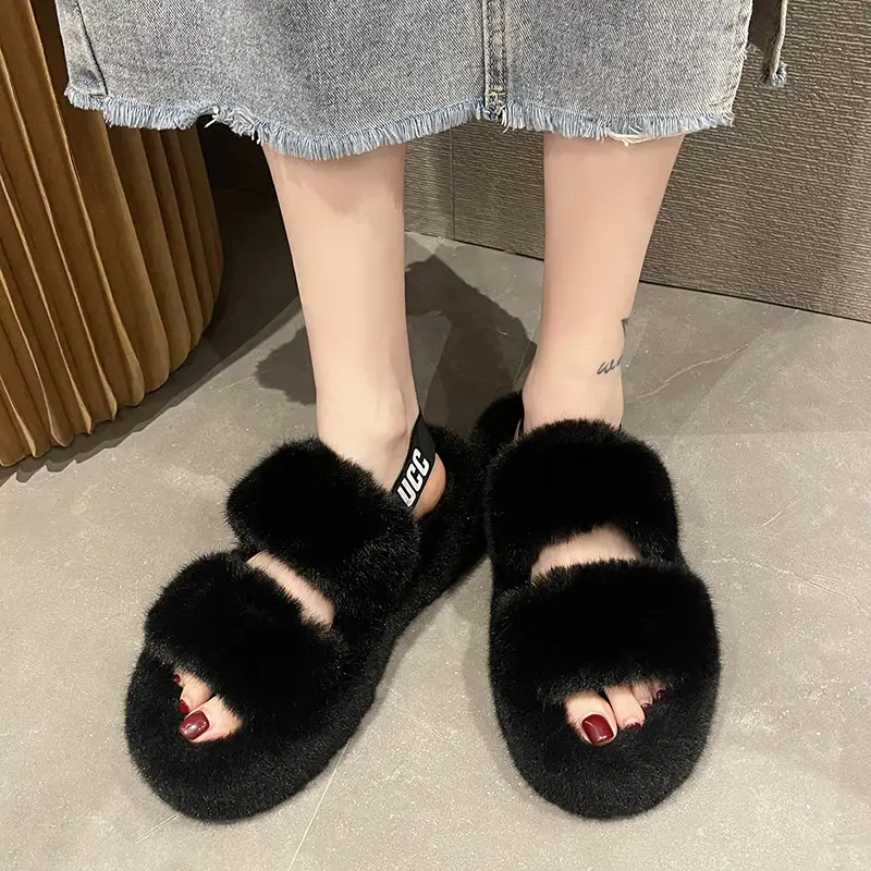 Foreign Trade Furry Slippers 2022 European and American Large Size Women's Shoes with Back Strap for Home Use, Flat Non-Slip Warm Candy-Colored Slippers - Image 5