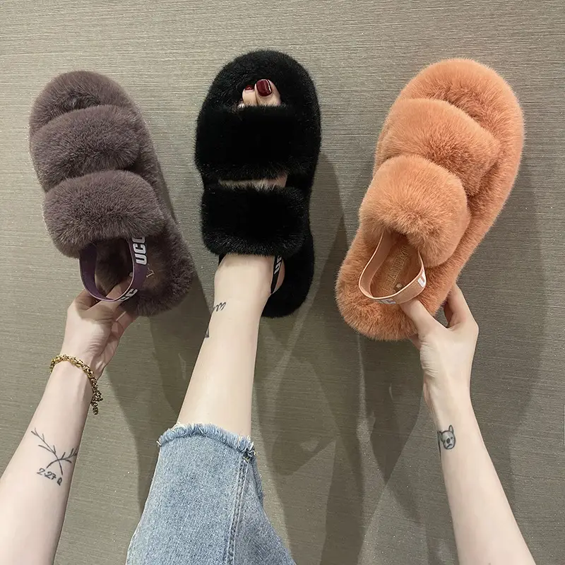 Foreign Trade Furry Slippers 2022 European and American Large Size Women's Shoes with Back Strap for Home Use, Flat Non-Slip Warm Candy-Colored Slippers - Image 7