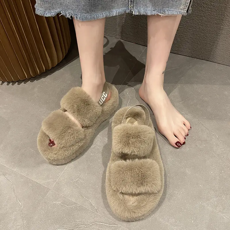 Foreign Trade Furry Slippers 2022 European and American Large Size Women's Shoes with Back Strap for Home Use, Flat Non-Slip Warm Candy-Colored Slippers - Image 3