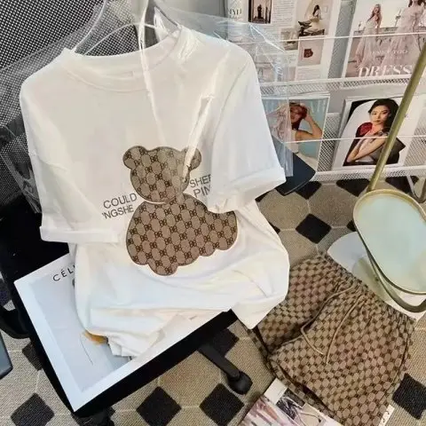Women Bear Print Top Shorts Set Summer 2025