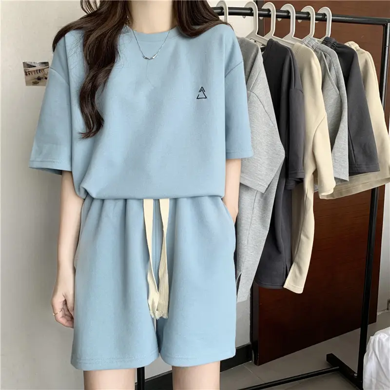 Women's 2023 Summer Casual Shorts Set Light Blue Loose Fit Large