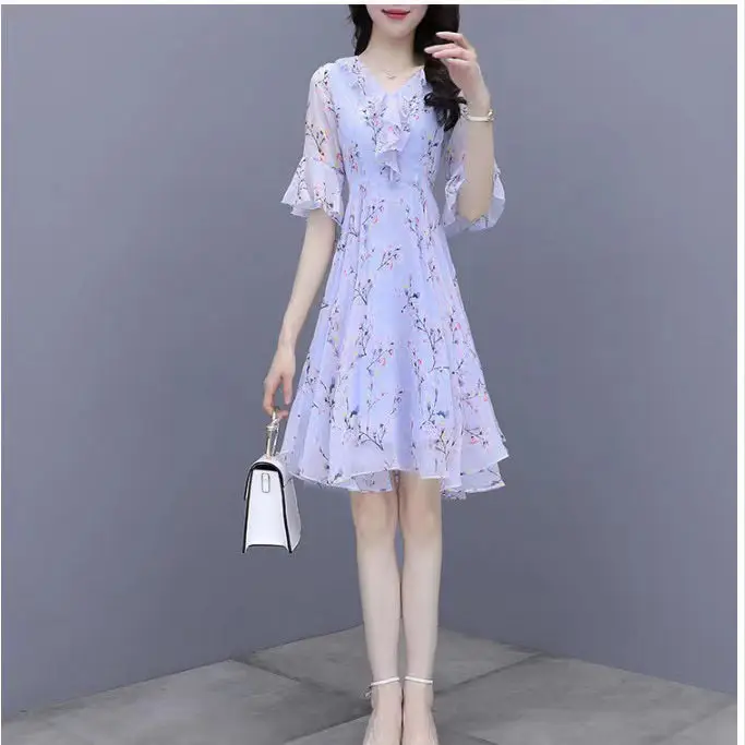 Women French Waist Dress Pink Floral Short Sleeve