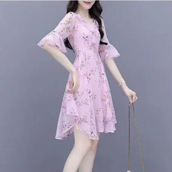 Women French Waist Dress Pink Floral Short Sleeve