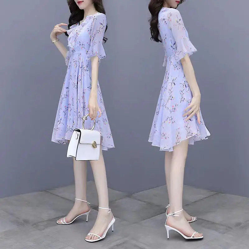 Women French Waist Dress Pink Floral Short Sleeve