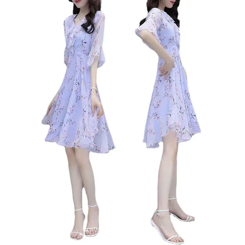 Women French Waist Dress Pink Floral Short Sleeve