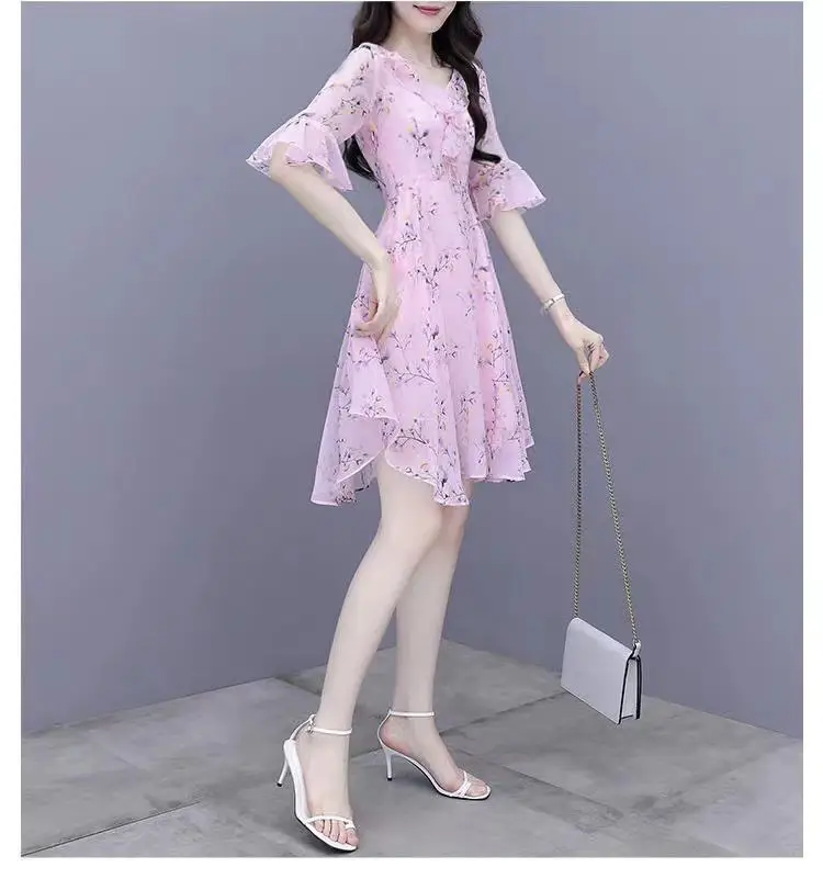 Women French Waist Dress Pink Floral Short Sleeve — feature 16