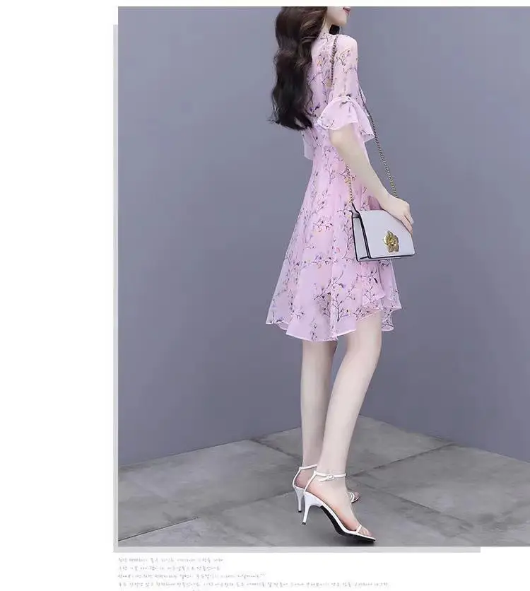 Women French Waist Dress Pink Floral Short Sleeve — feature 17