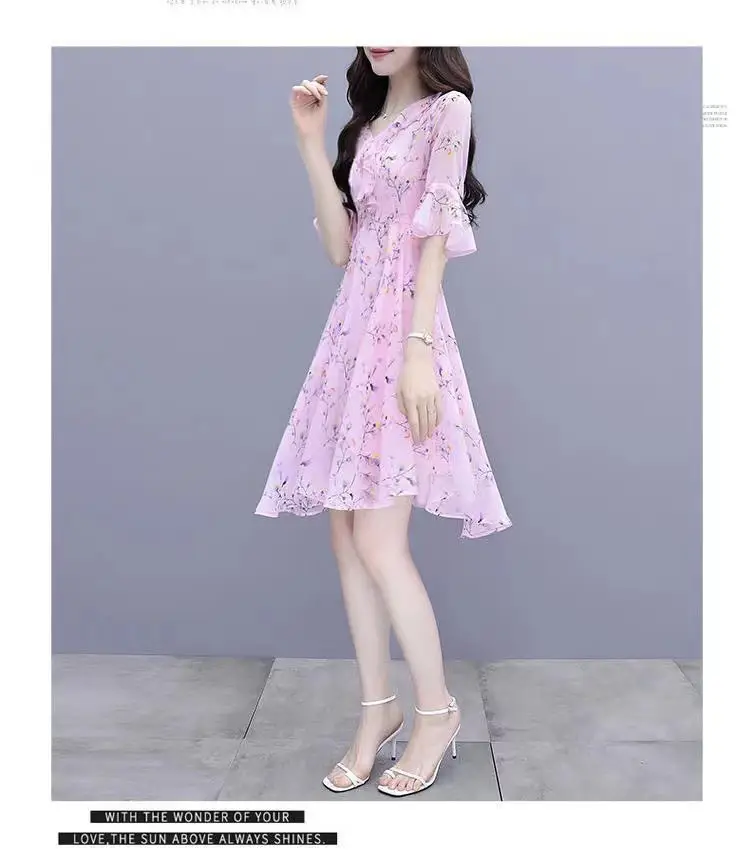 Women French Waist Dress Pink Floral Short Sleeve — feature 18