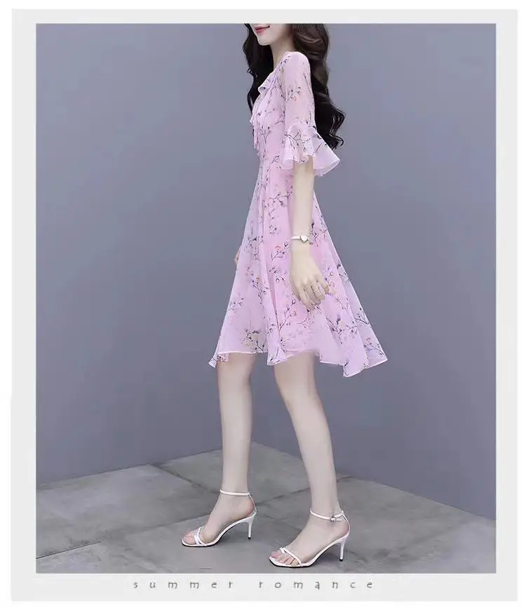 Women French Waist Dress Pink Floral Short Sleeve — feature 20