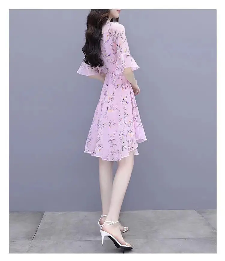 Women French Waist Dress Pink Floral Short Sleeve — feature 21