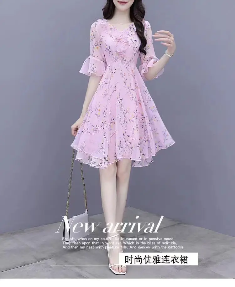 Women French Waist Dress Pink Floral Short Sleeve — feature 3