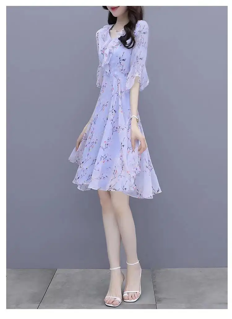 Women French Waist Dress Pink Floral Short Sleeve — feature 4