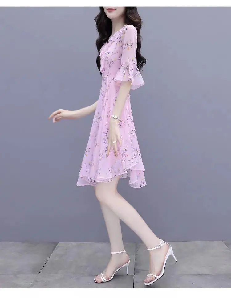 Women French Waist Dress Pink Floral Short Sleeve — feature 5