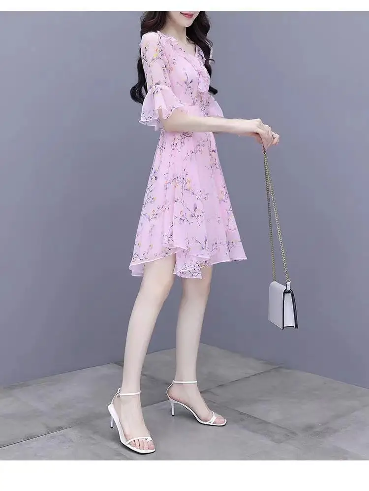 Women French Waist Dress Pink Floral Short Sleeve — feature 6