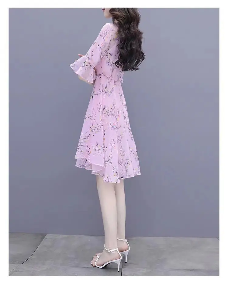 Women French Waist Dress Pink Floral Short Sleeve — feature 7
