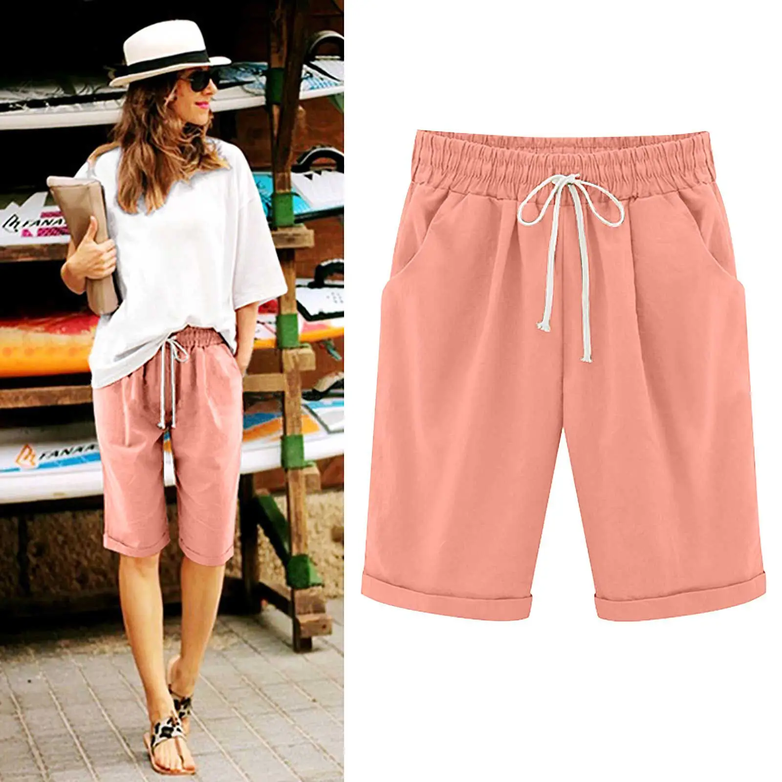 Women's Pink Cotton Drawstring Shorts Large - Image 11