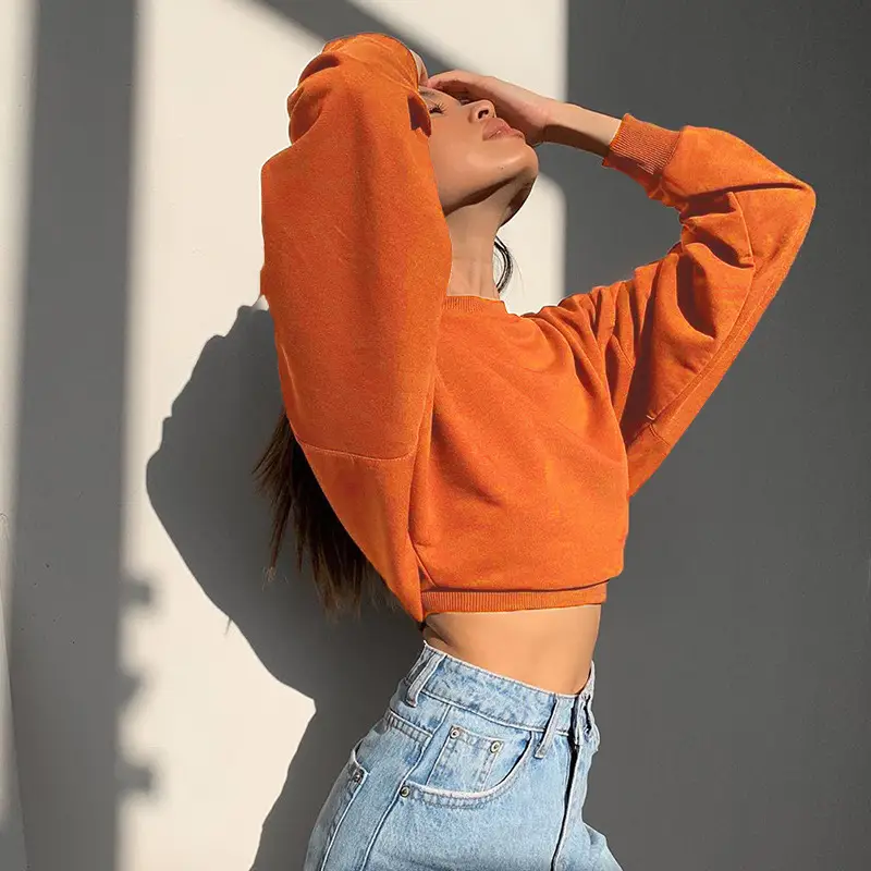 Orange Velvet Crop Top with Long Sleeves and Round Neck