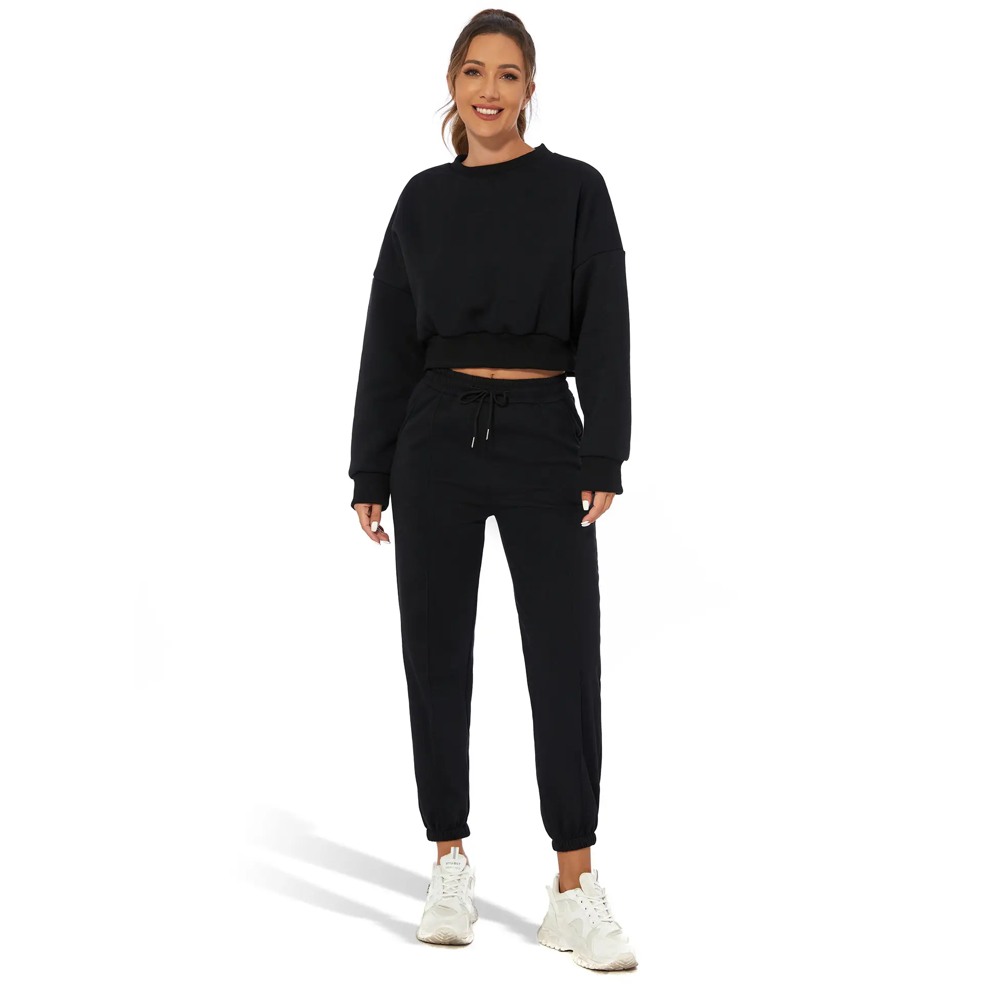 Orange Velvet Crop Top with Long Sleeves and Round Neck