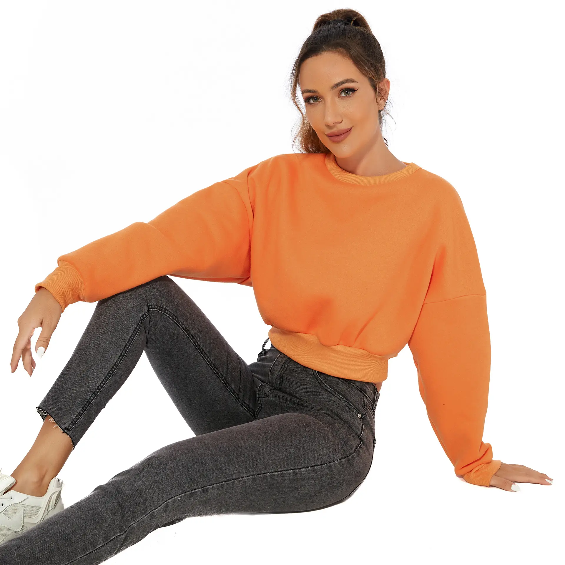 Orange Velvet Crop Top with Long Sleeves and Round Neck — feature 10