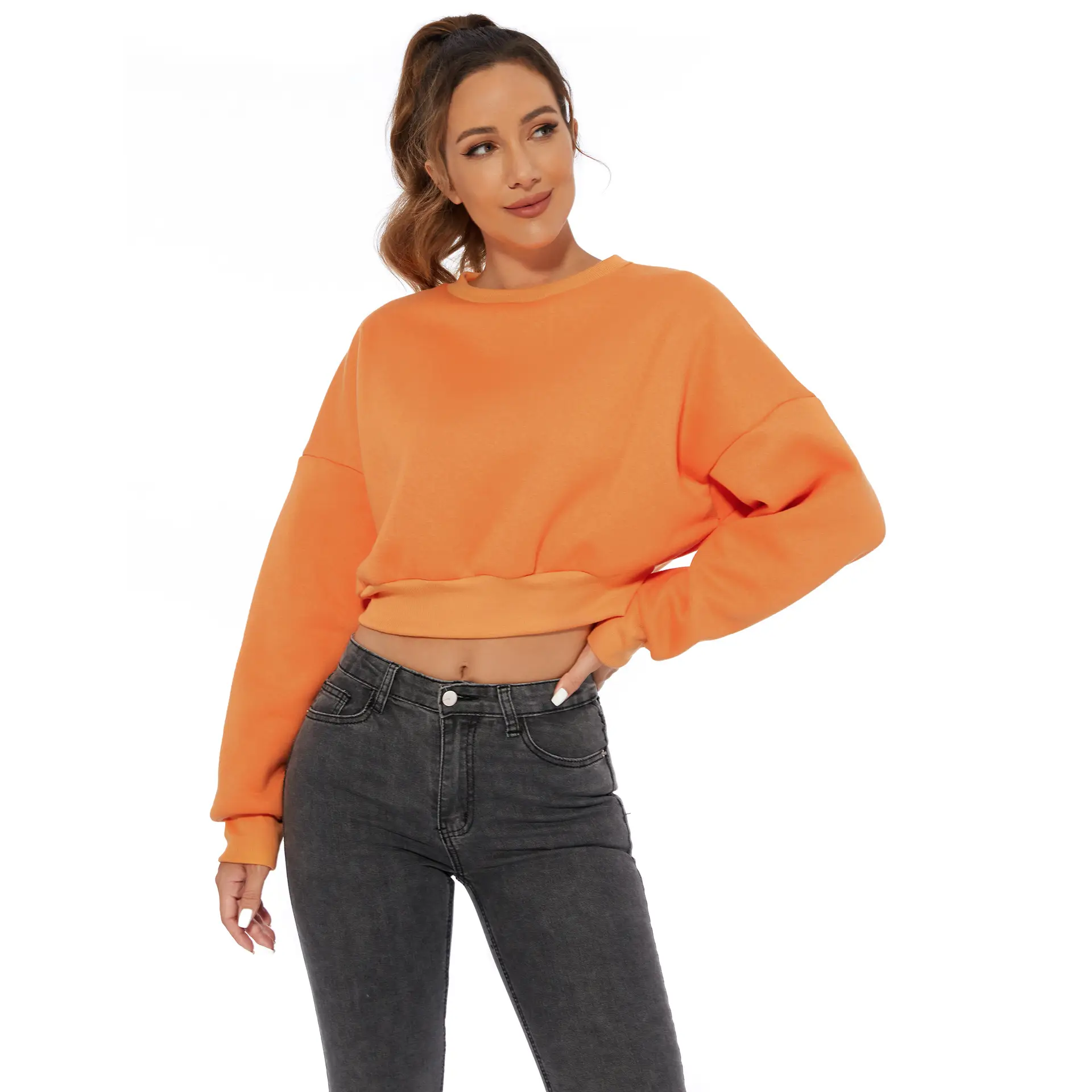 Orange Velvet Crop Top with Long Sleeves and Round Neck — feature 11