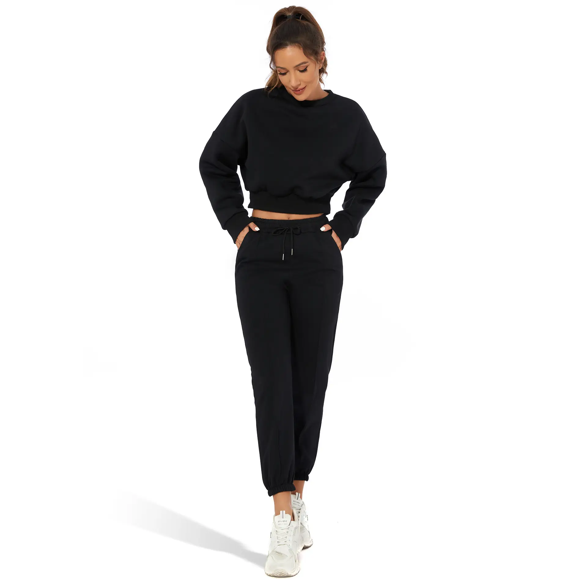 Orange Velvet Crop Top with Long Sleeves and Round Neck — feature 13