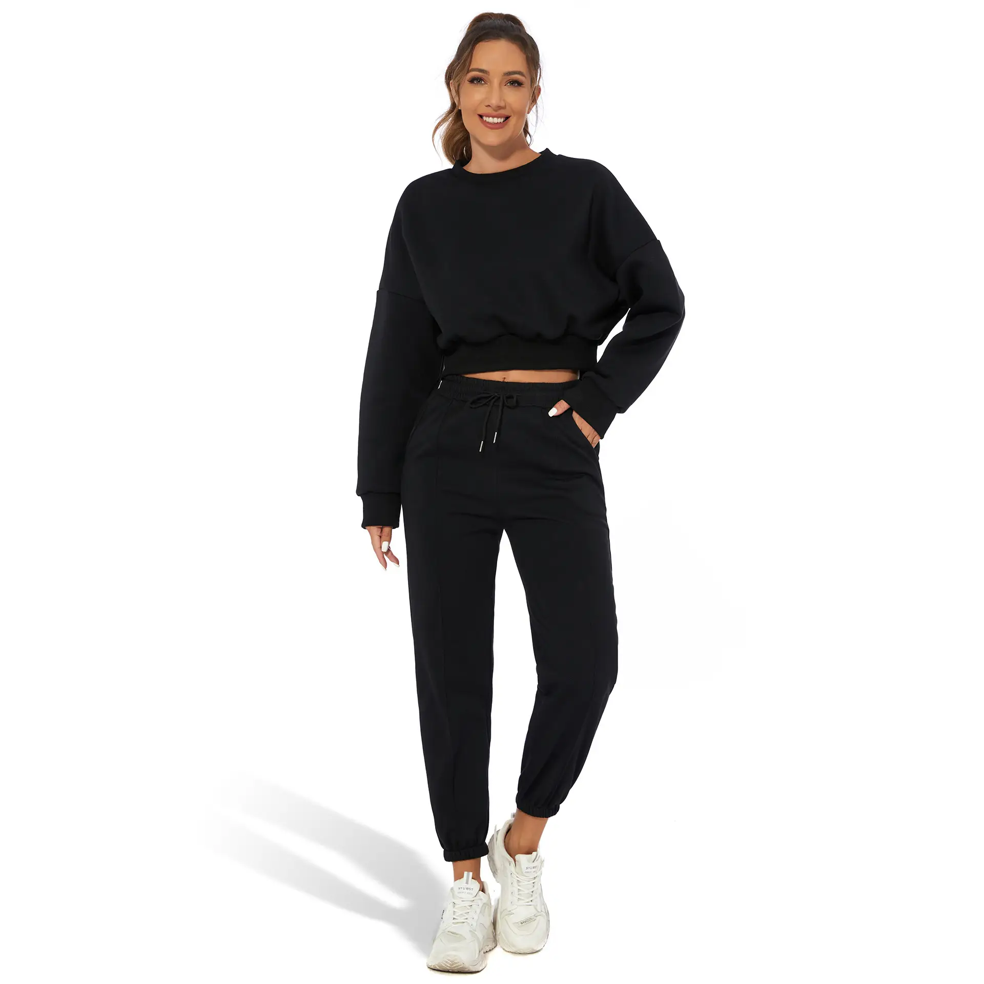 Orange Velvet Crop Top with Long Sleeves and Round Neck — feature 14