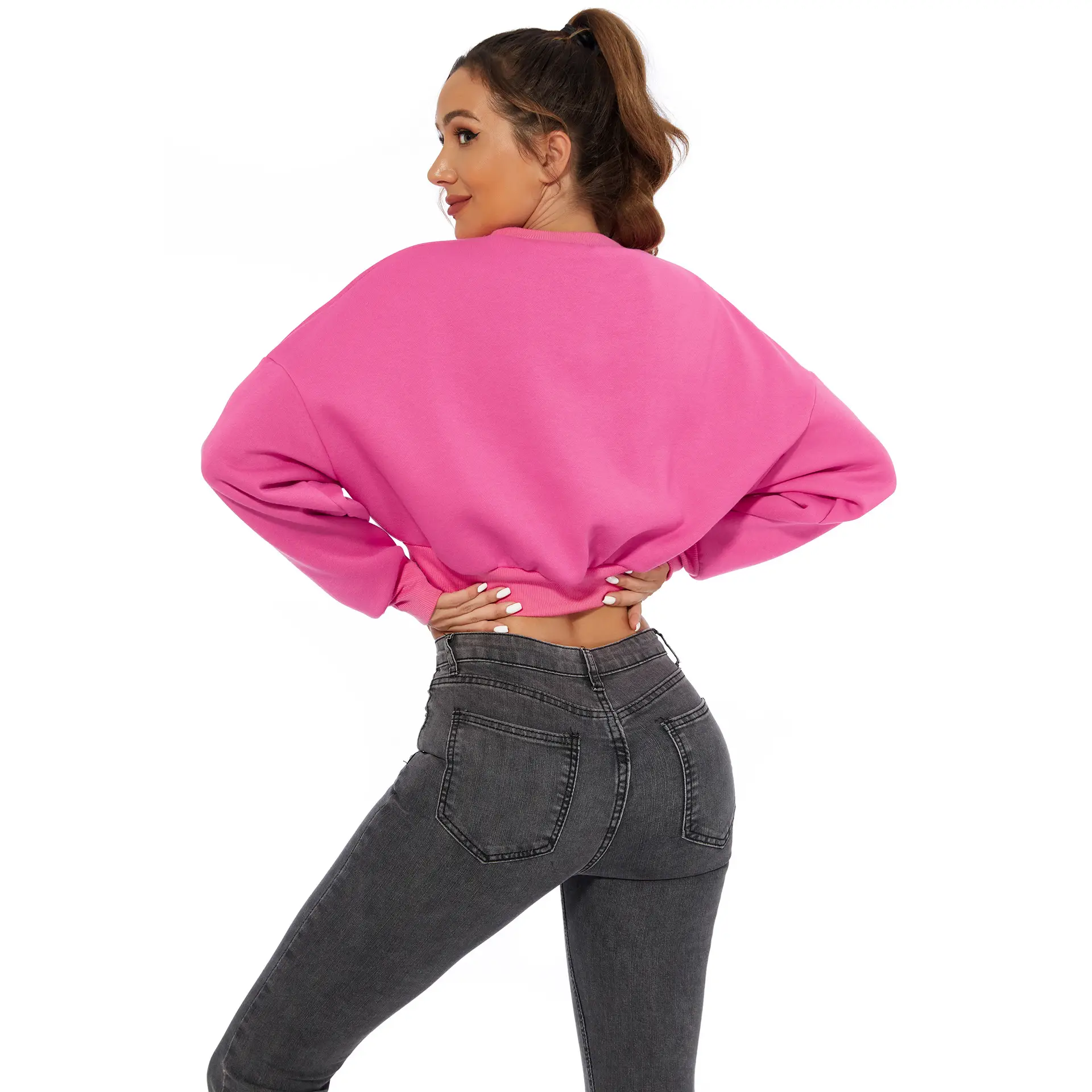 Orange Velvet Crop Top with Long Sleeves and Round Neck — feature 15