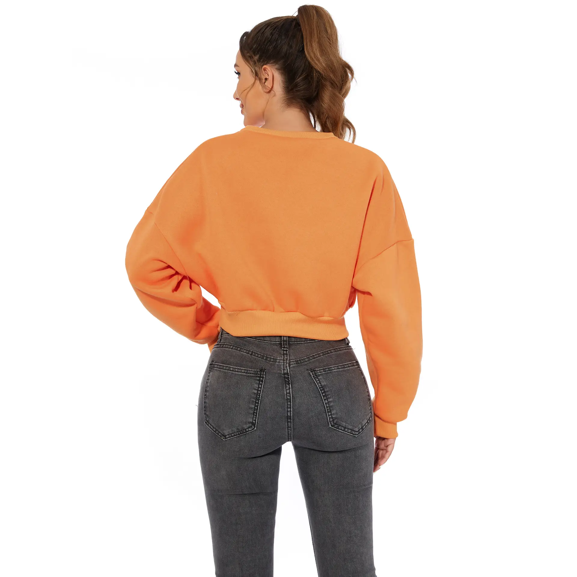 Orange Velvet Crop Top with Long Sleeves and Round Neck — feature 16