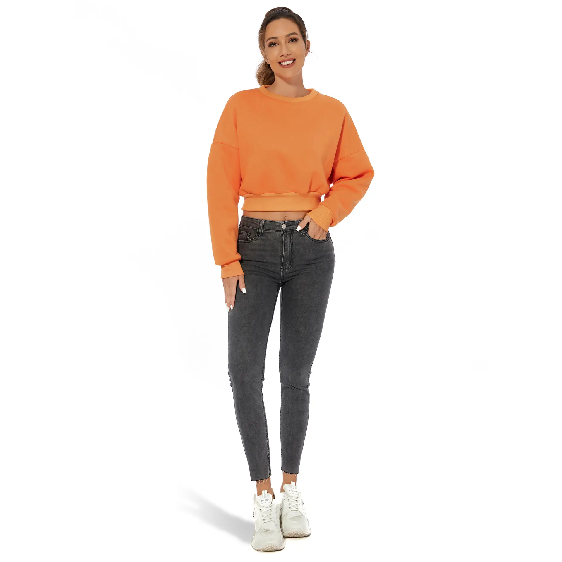 Orange Velvet Crop Top with Long Sleeves and Round Neck — feature 17