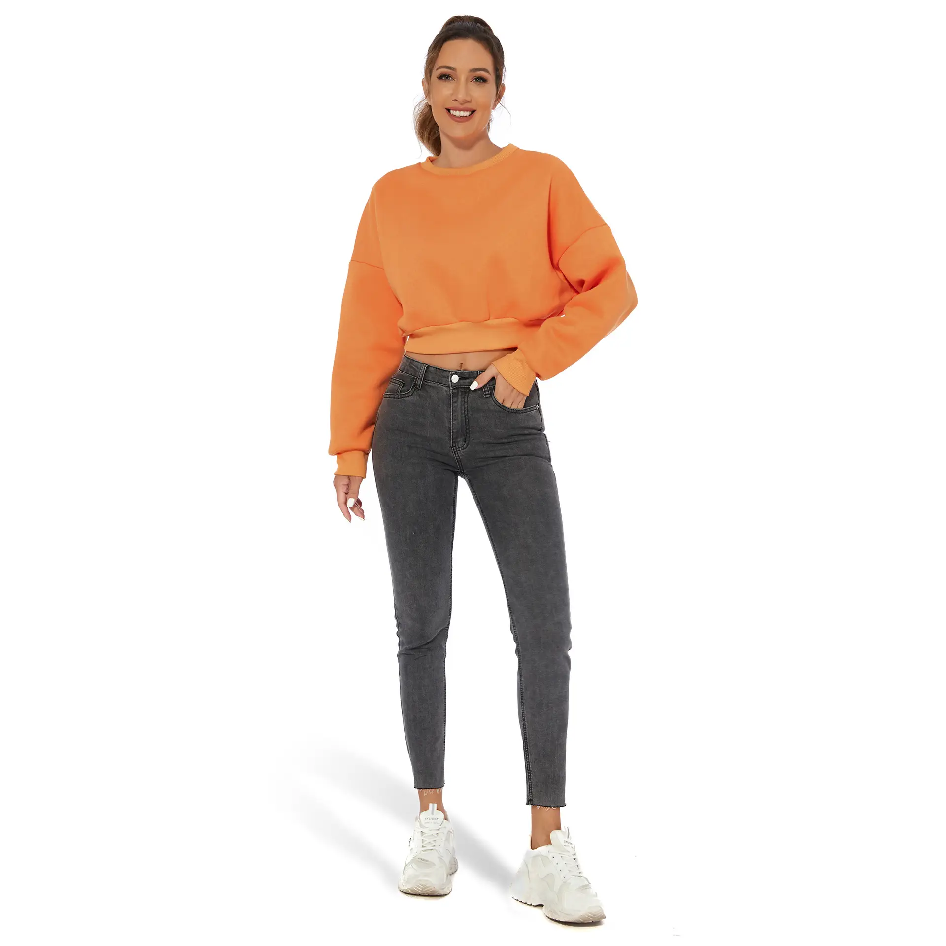Orange Velvet Crop Top with Long Sleeves and Round Neck — feature 18