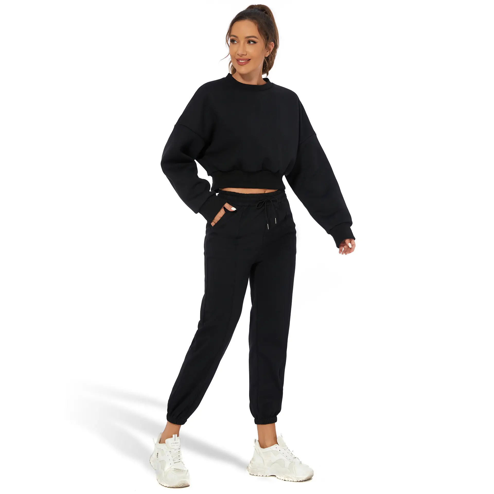 Orange Velvet Crop Top with Long Sleeves and Round Neck — feature 20