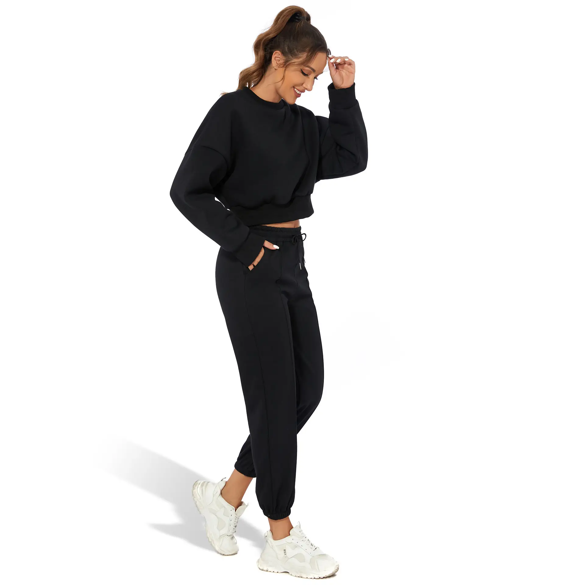 Orange Velvet Crop Top with Long Sleeves and Round Neck — feature 21