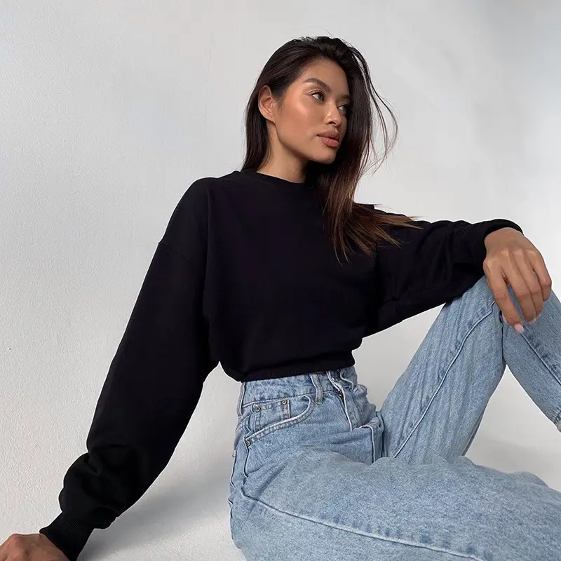 Orange Velvet Crop Top with Long Sleeves and Round Neck — feature 23