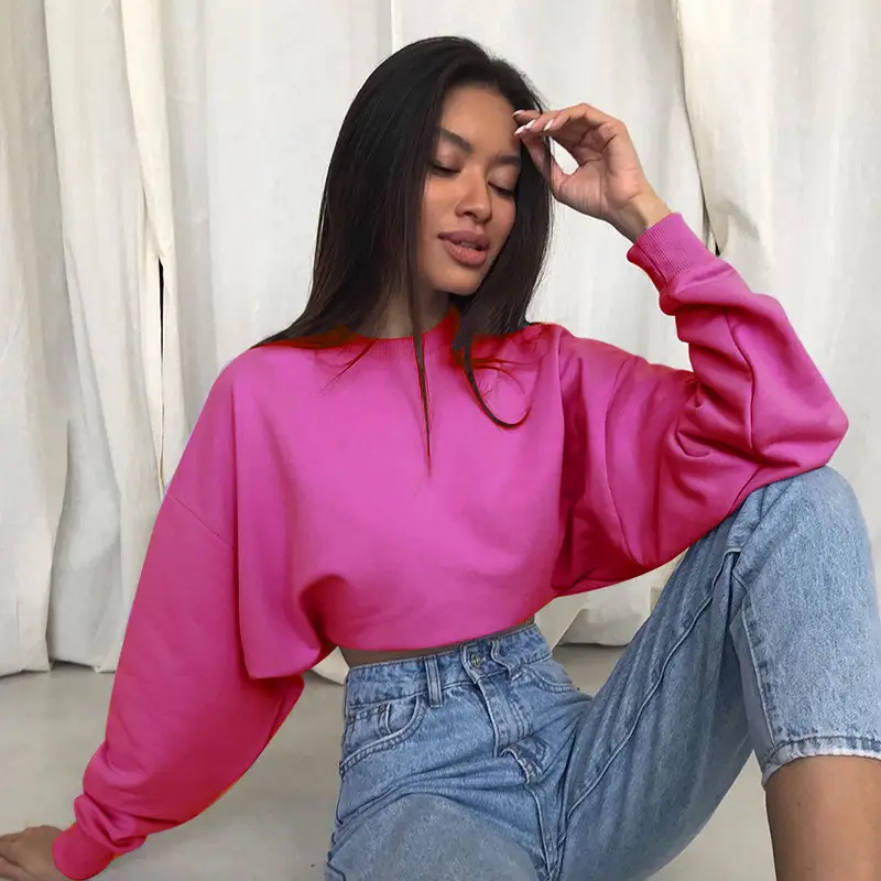 Orange Velvet Crop Top with Long Sleeves and Round Neck — feature 27