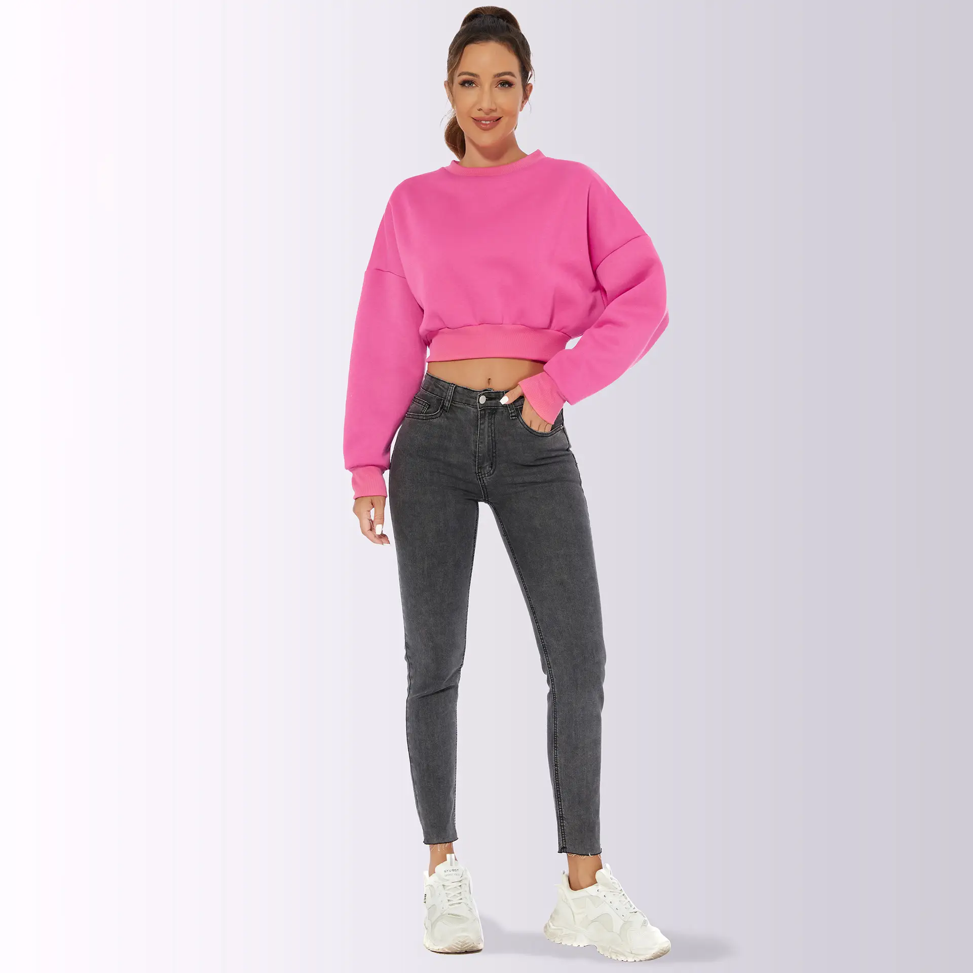 Orange Velvet Crop Top with Long Sleeves and Round Neck — feature 5