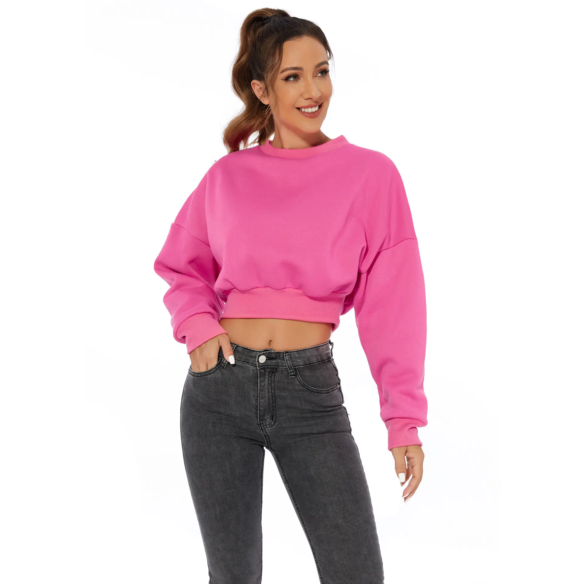 Orange Velvet Crop Top with Long Sleeves and Round Neck — feature 7