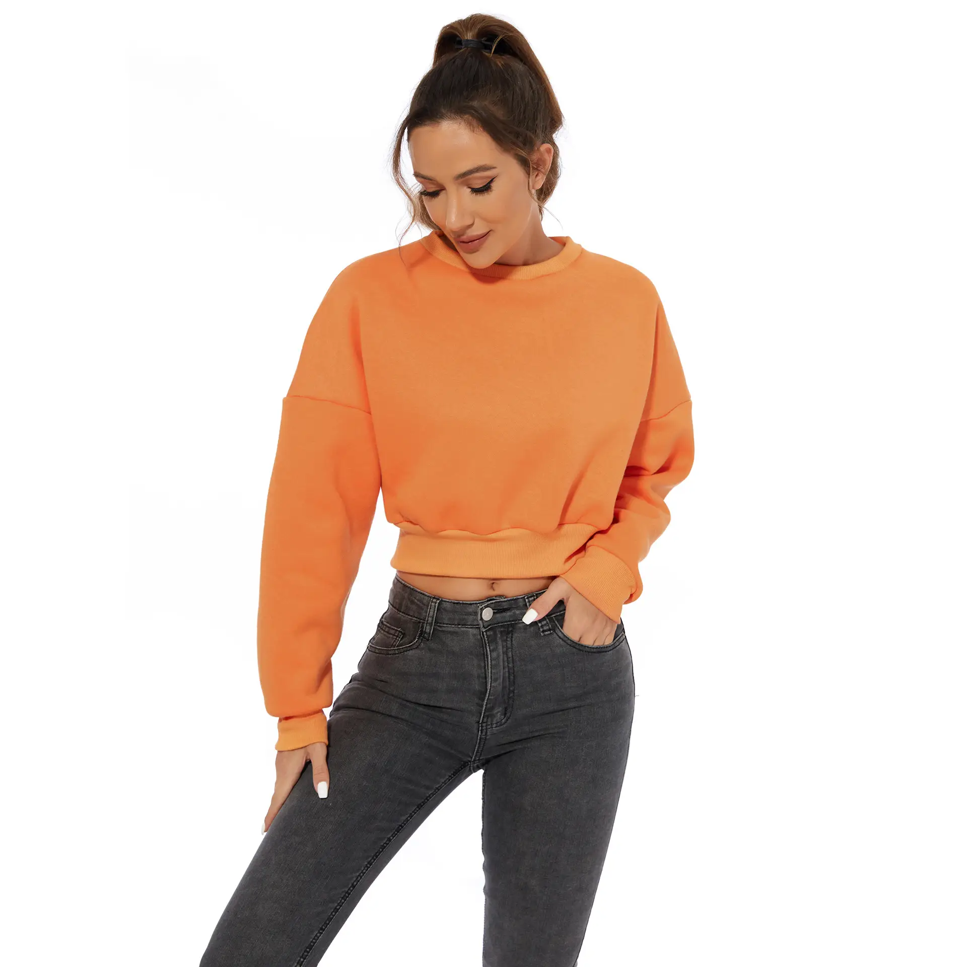 Orange Velvet Crop Top with Long Sleeves and Round Neck — feature 8