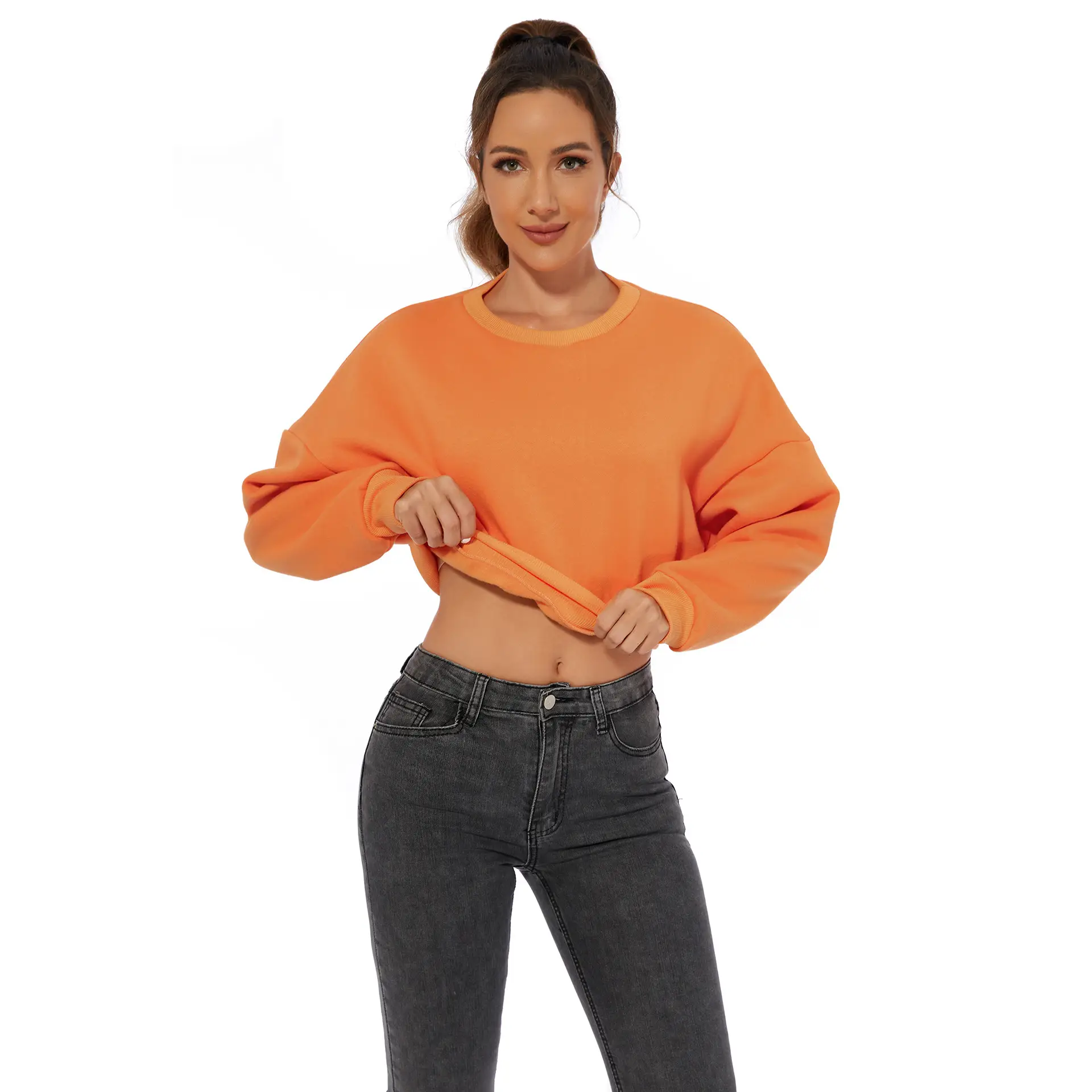 Orange Velvet Crop Top with Long Sleeves and Round Neck — feature 9