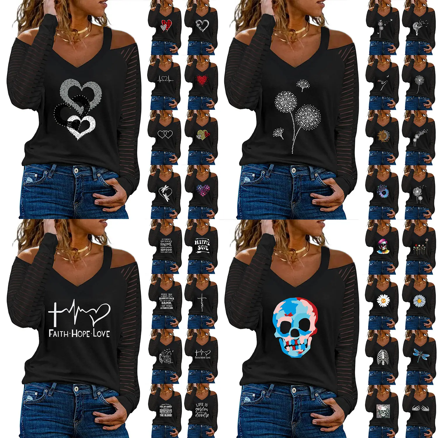 Women Off-Shoulder Love Heart Butterfly Print V-Neck T-Shirt - Image 37