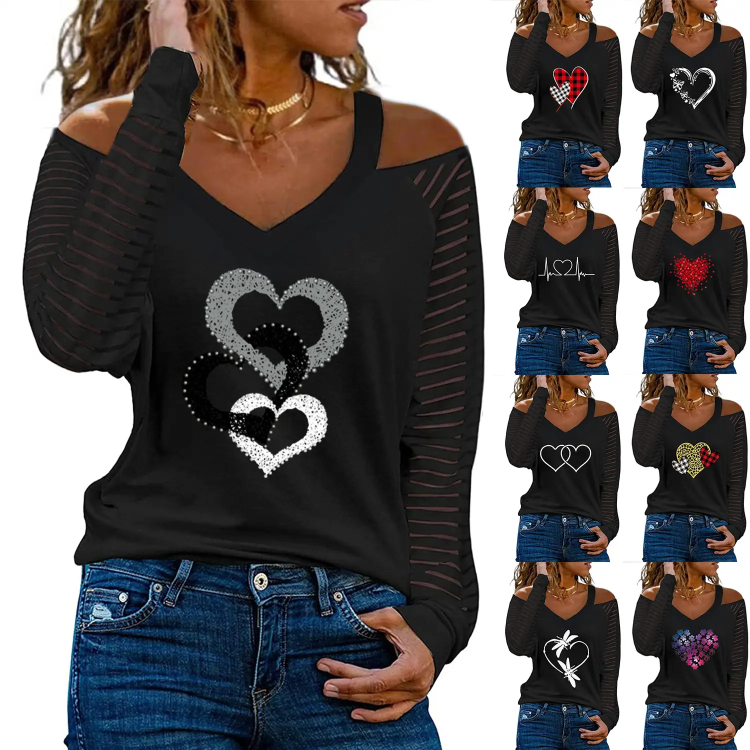 Women Off-Shoulder Love Heart Butterfly Print V-Neck T-Shirt - Image 38