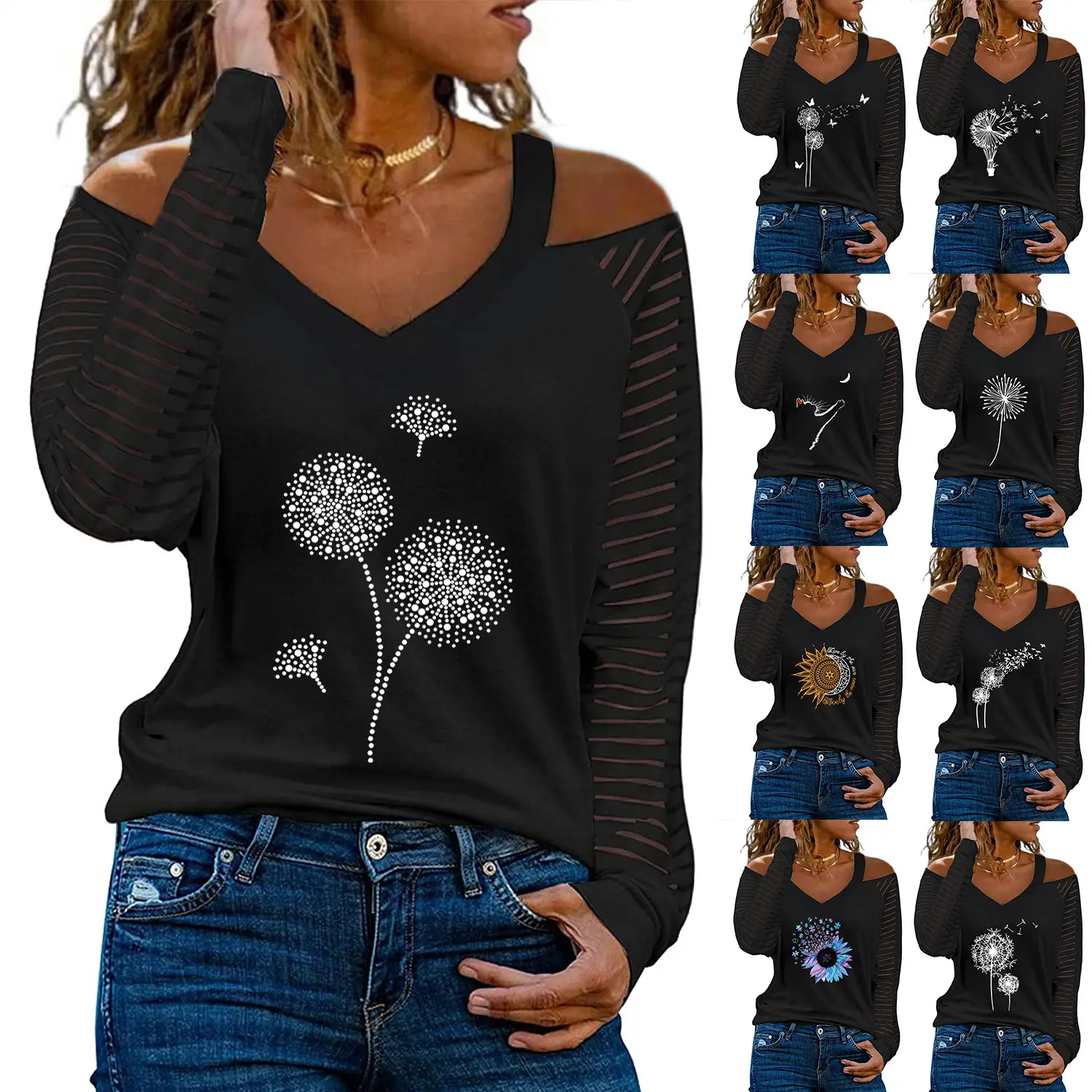Women Off-Shoulder Love Heart Butterfly Print V-Neck T-Shirt - Image 39