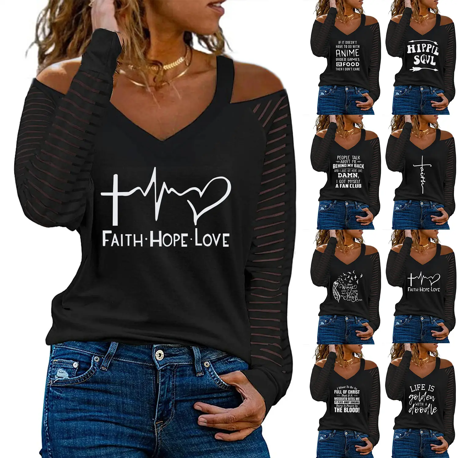 Women Off-Shoulder Love Heart Butterfly Print V-Neck T-Shirt - Image 40