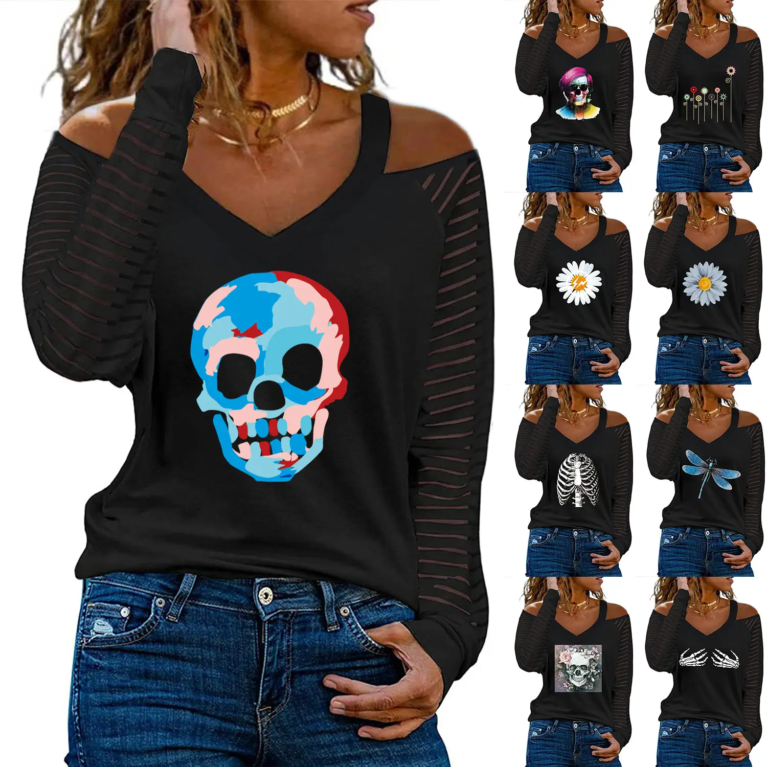 Women Off-Shoulder Love Heart Butterfly Print V-Neck T-Shirt - Image 41