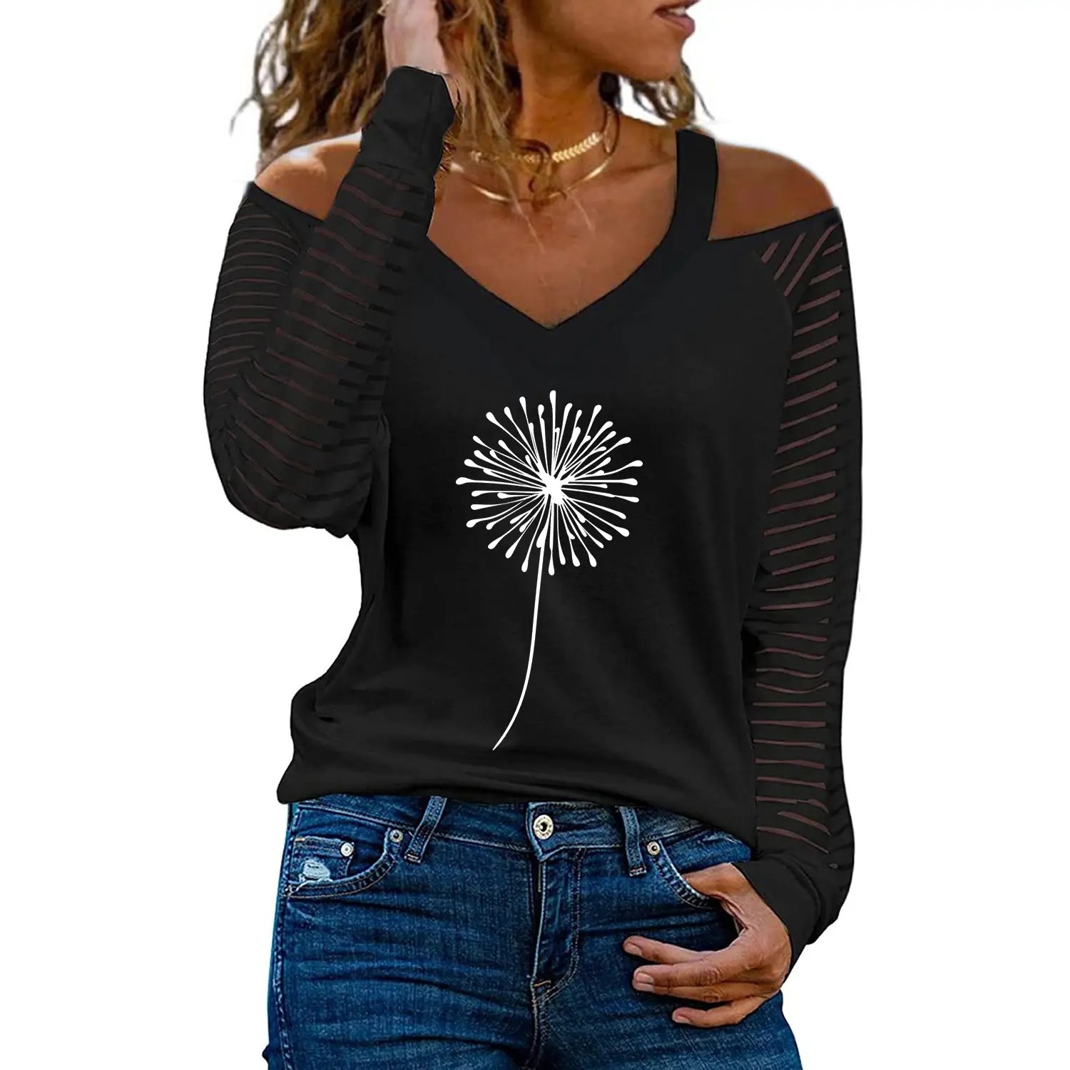 Women Off-Shoulder Love Heart Butterfly Print V-Neck T-Shirt - Image 10