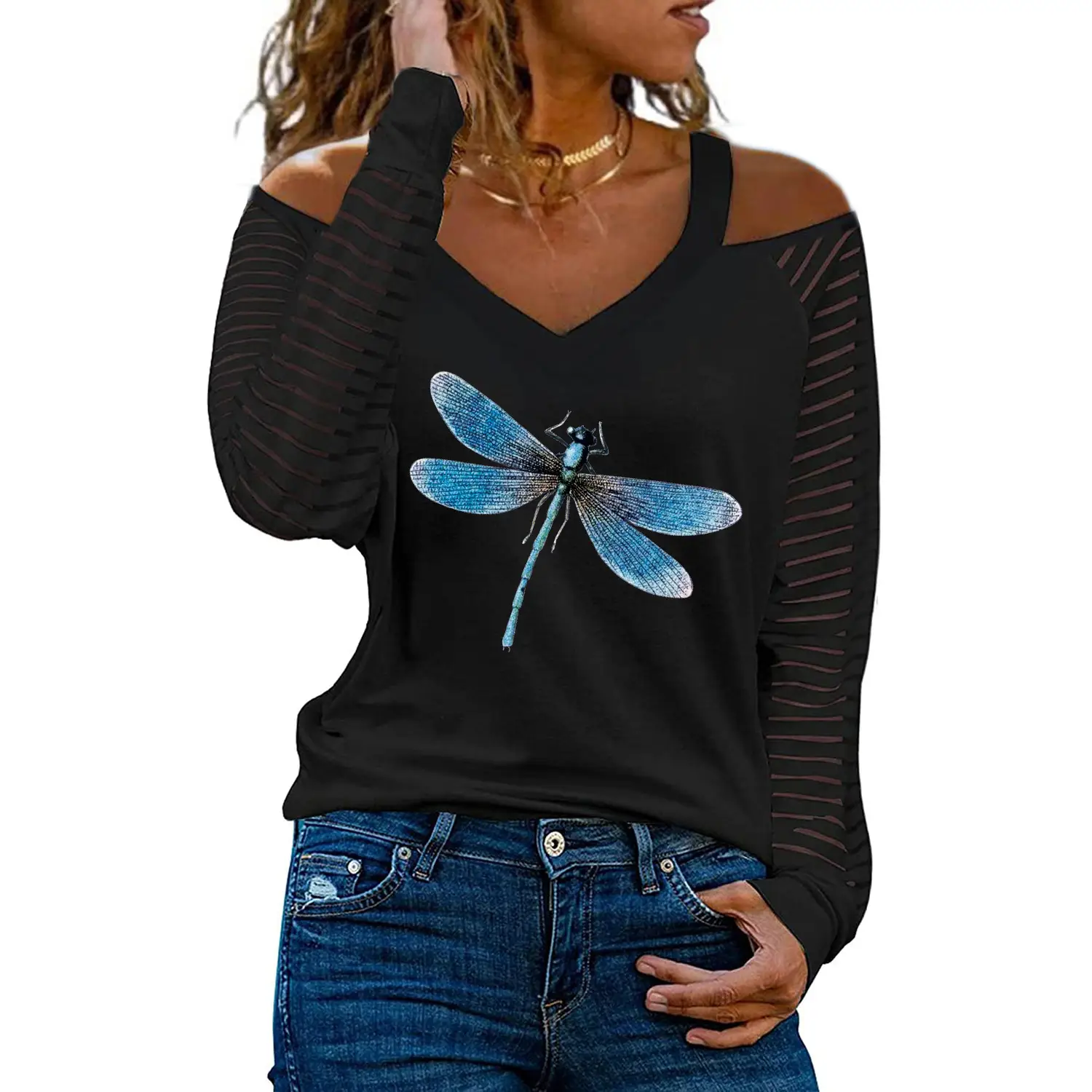Women Off-Shoulder Love Heart Butterfly Print V-Neck T-Shirt - Image 11