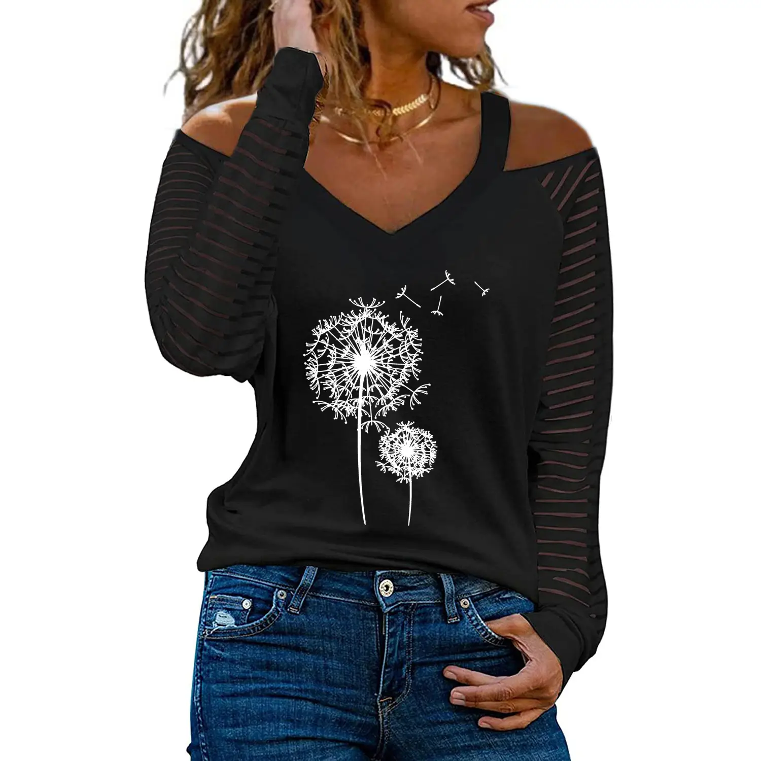Women Off-Shoulder Love Heart Butterfly Print V-Neck T-Shirt - Image 15