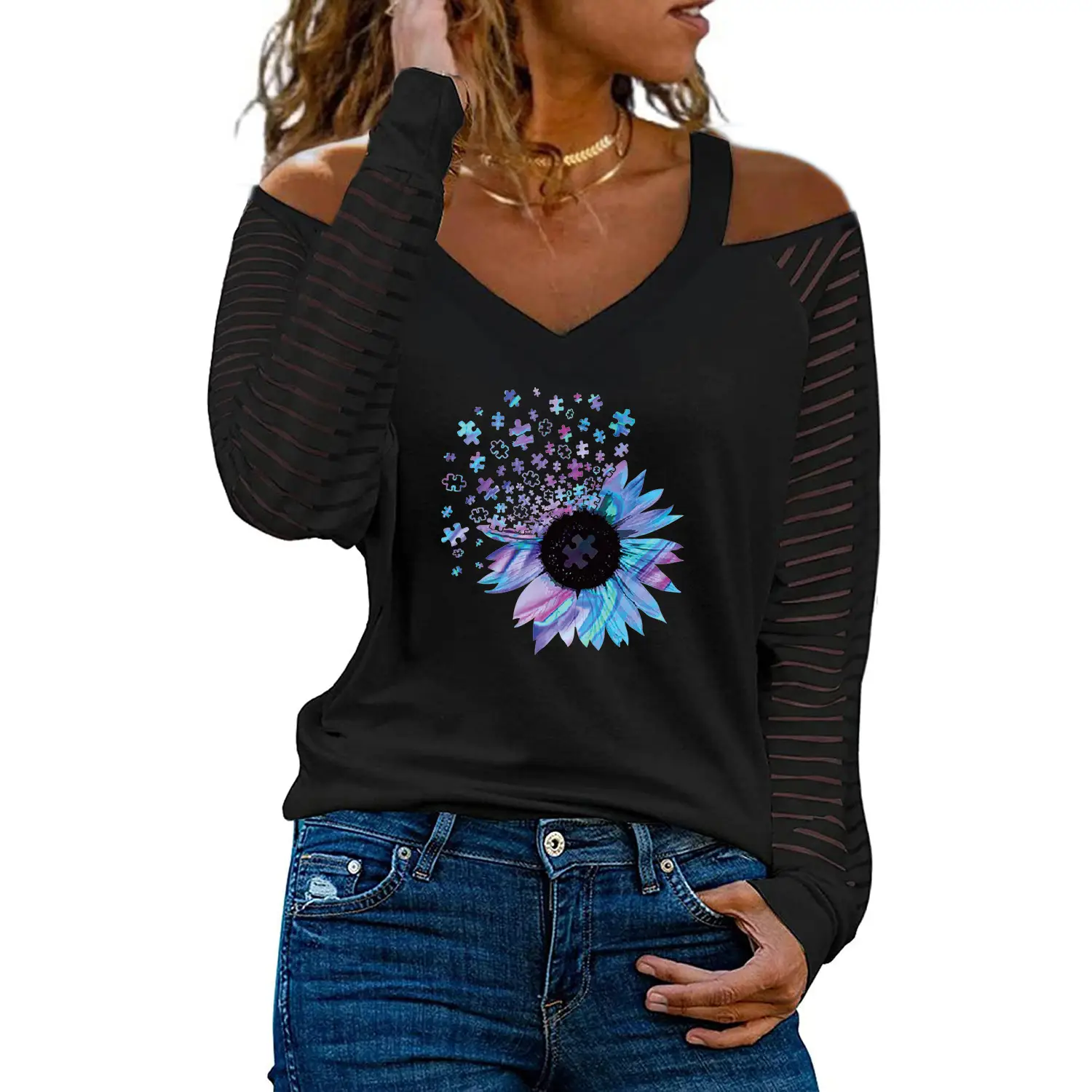 Women Off-Shoulder Love Heart Butterfly Print V-Neck T-Shirt - Image 16