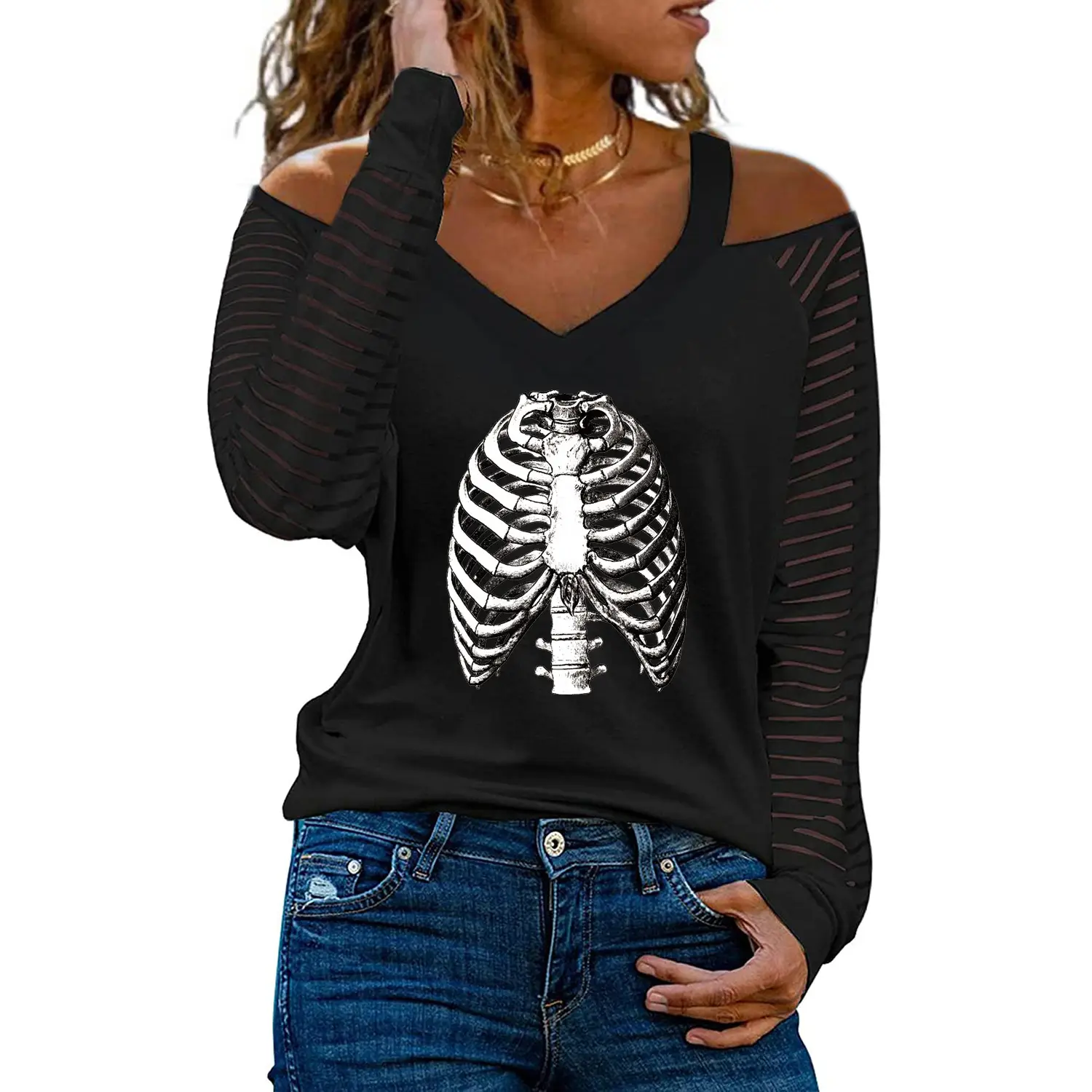 Women Off-Shoulder Love Heart Butterfly Print V-Neck T-Shirt - Image 19