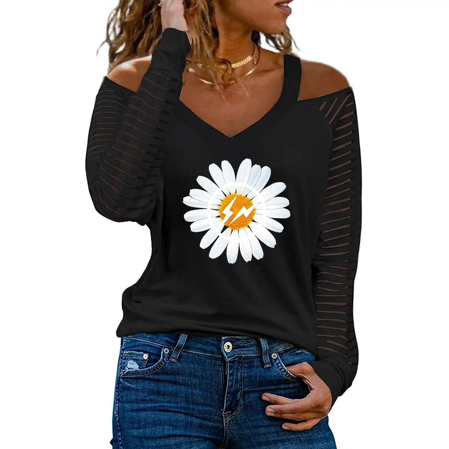Women Off-Shoulder Love Heart Butterfly Print V-Neck T-Shirt - Image 2